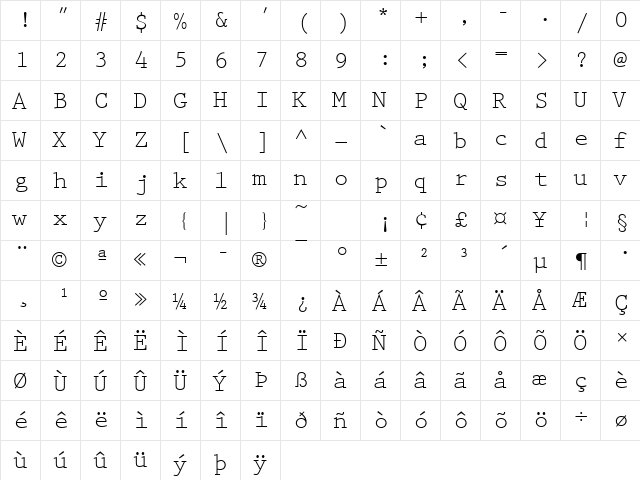 PrestigeEliM Regular  glyph index