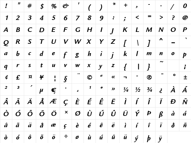 Legacy Sans ITC TT BoldItalic  glyph index