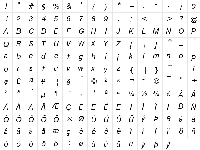 Geneva Italic  glyph index