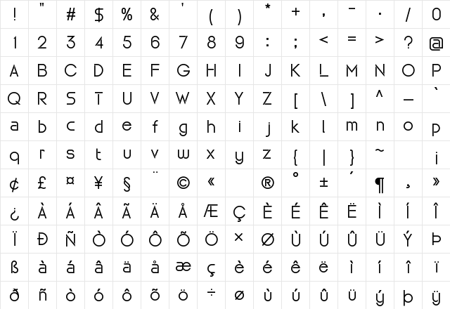 Maxellight Regular  glyph index