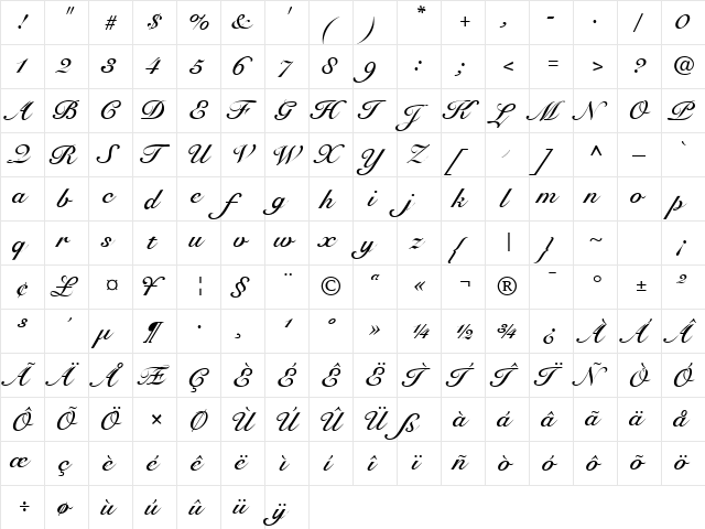 TFF Script Roundhand Bold Italic  glyph index