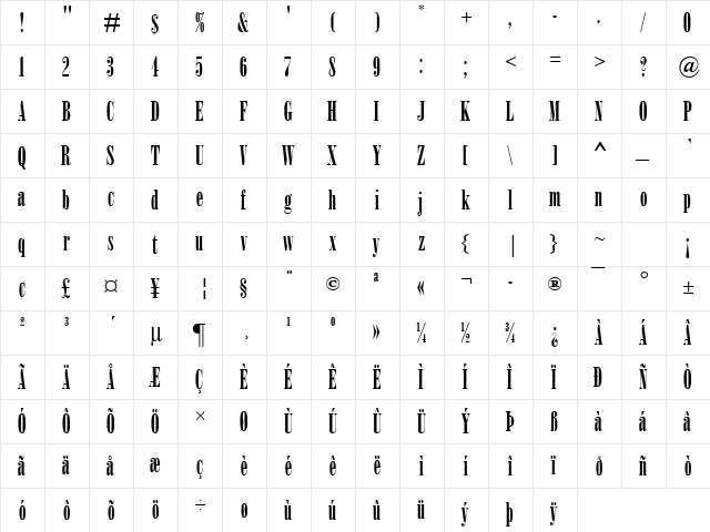 Onyx MT Regular  glyph index