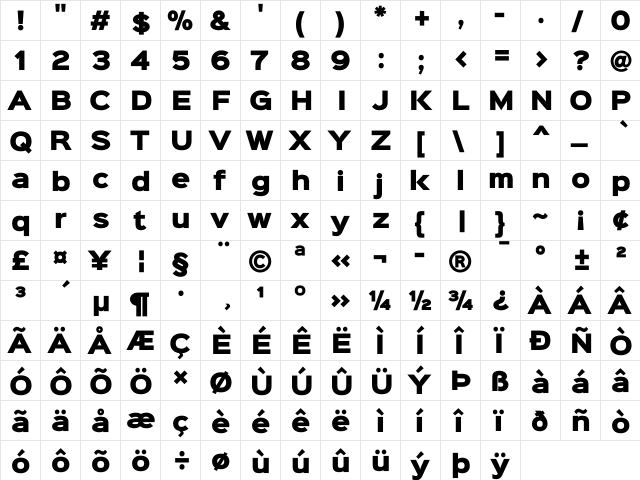 Sinkin Sans 900 X Black Regular  glyph index
