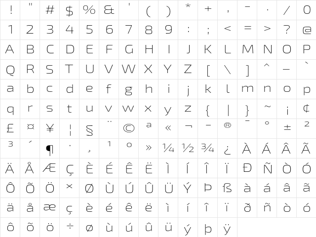 Exo 2 Extra Light Expanded  glyph index