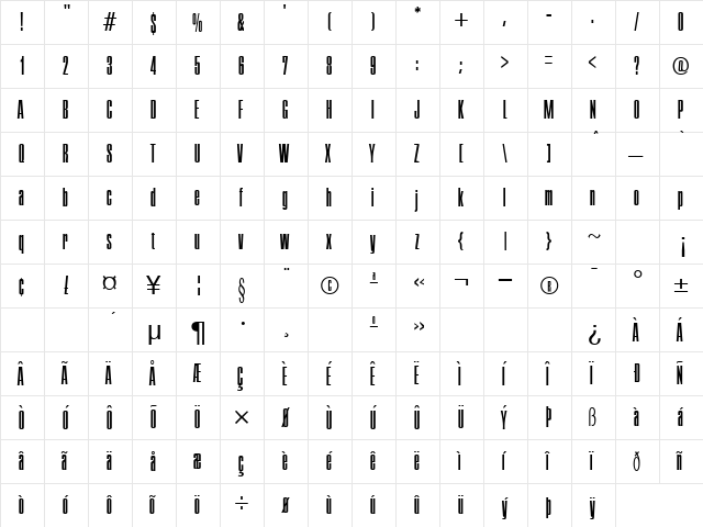 Executive Regular  glyph index