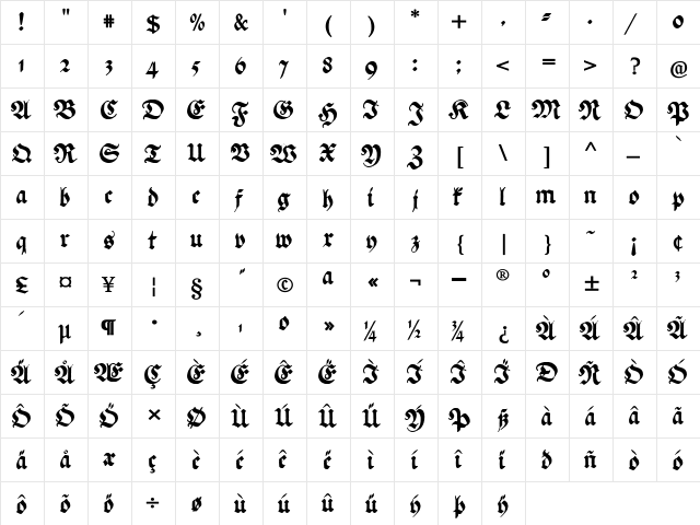 Ehmcke Federfraktur Regular  glyph index