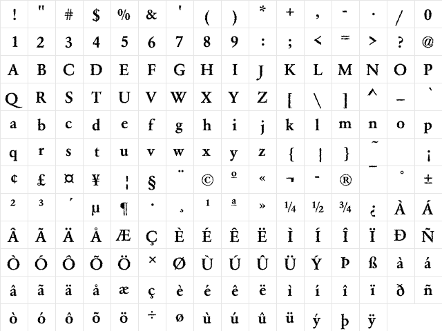 DTCGaramondM42 Regular  glyph index