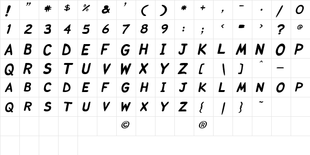 Comicka Italic  glyph index