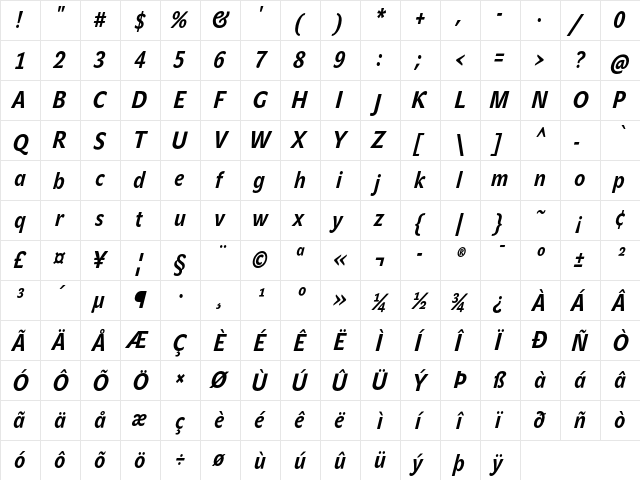 JohnSansCond Text Pro Bold Italic  glyph index