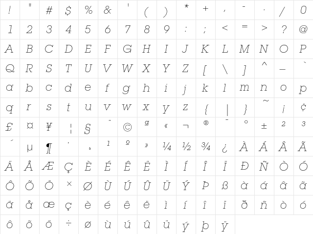 LubalinGraphEF ExLightOblique  glyph index