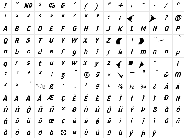 BrothersSuperSlantAlternates Roman  glyph index