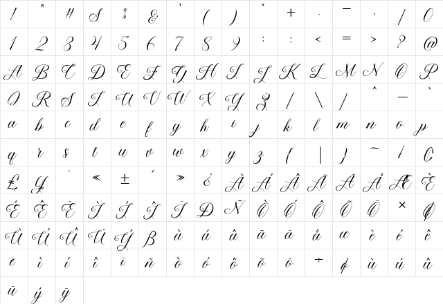 Beauty Queen Script Regular  glyph index