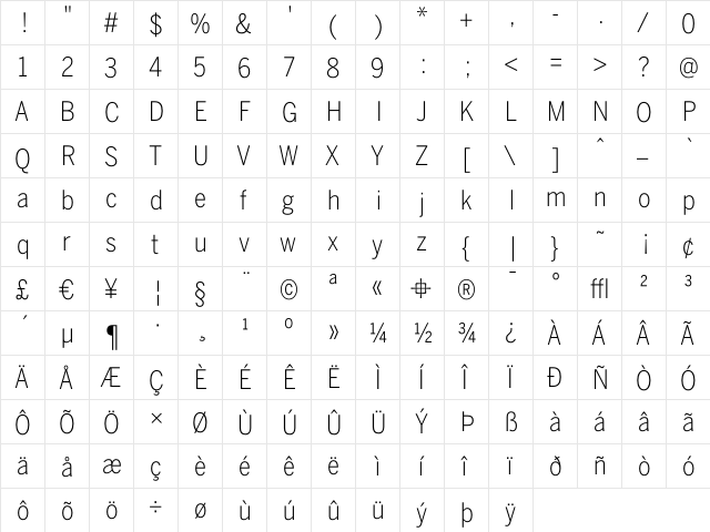 BentonSans Condensed Light  glyph index