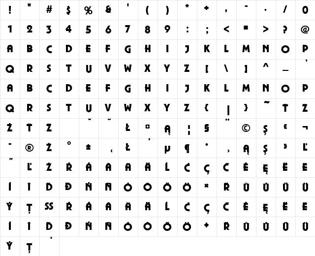 PlazaPEEUlt Regular  glyph index