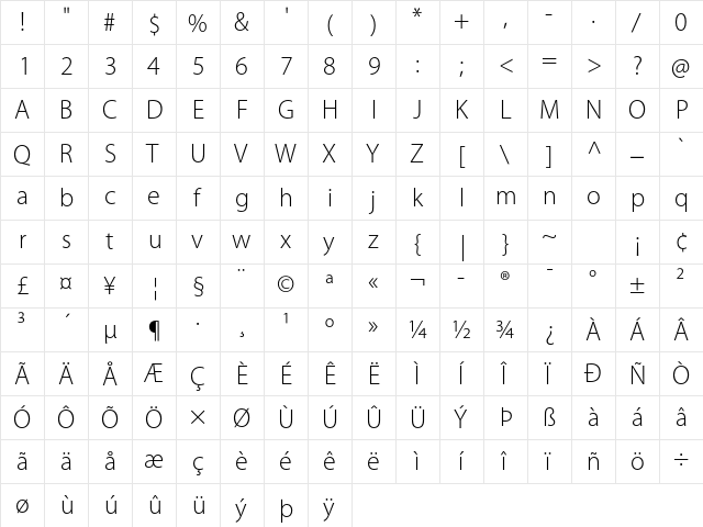 Myriad Pro Light  glyph index