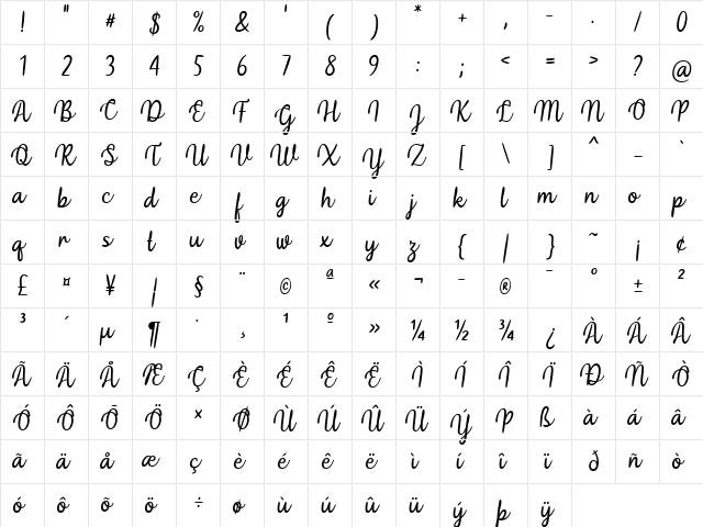 Hidea Regular  glyph index