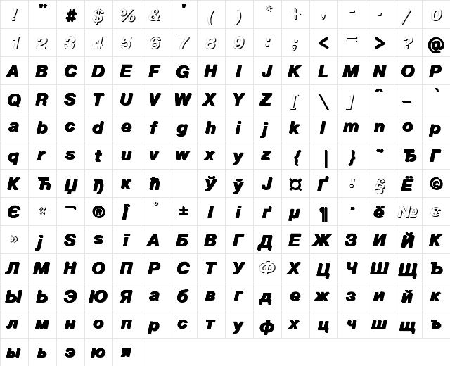 PragmaticaShadowC Bold Italic  glyph index