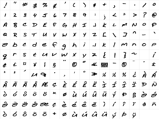 AcaciasHand Bold  glyph index