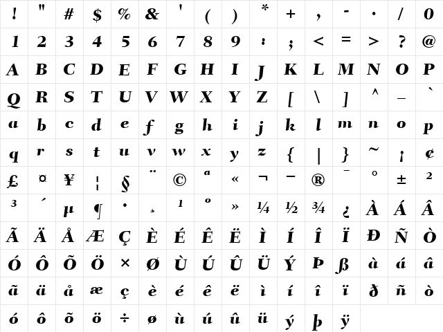 FairfieldLH85Caption-Heavy HeavyItalic  glyph index