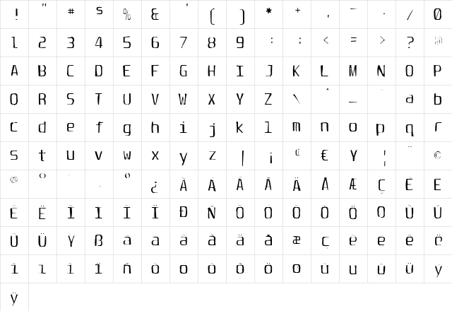 Unispace Gaunt Regular  glyph index