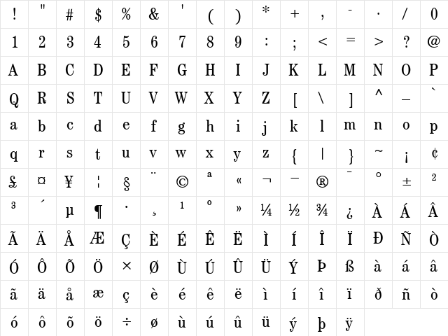 ITCCentury-CondensedBook Book  glyph index