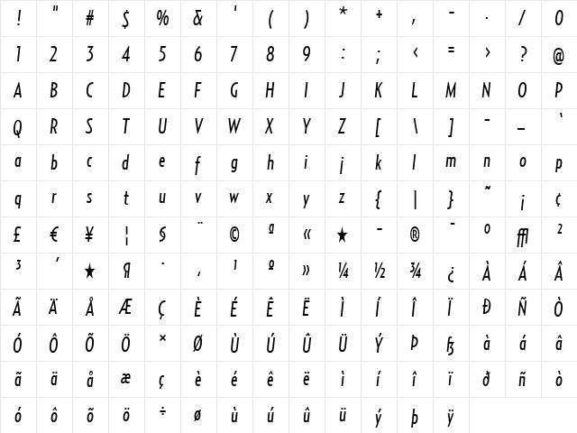 RelayComp-RegularItalic Regular  glyph index