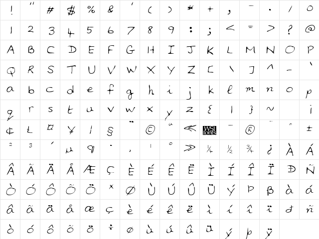 AlinasHand Italic  glyph index