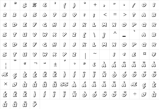Artiste Std Regular  glyph index