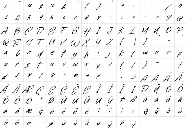 Writing Tresno Regular  glyph index