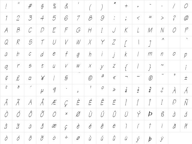 Tek-Condensed Bold Italic  glyph index