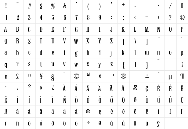 Colonel-Serial Regular  glyph index