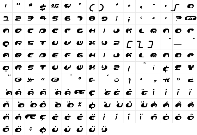 Contour Italic  glyph index