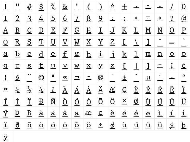 JMH Typewriter mono Under Regular  glyph index
