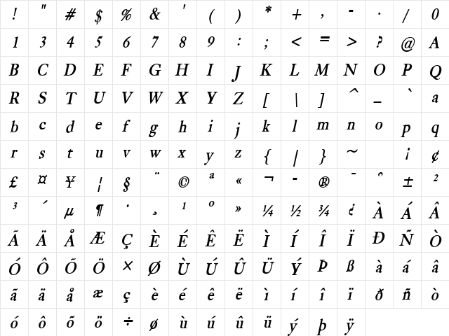 Bliss-Condensed Bold Italic  glyph index