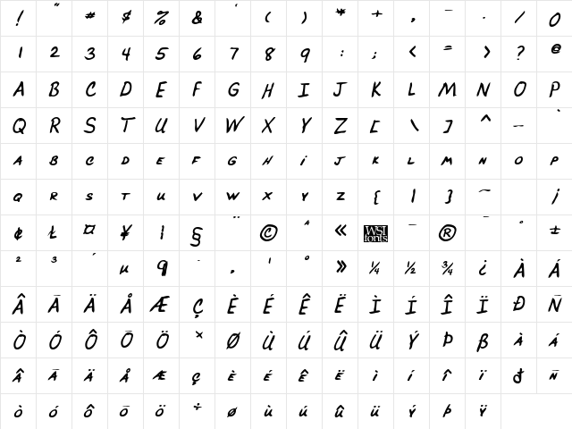 BrucesHand Bold Italic  glyph index