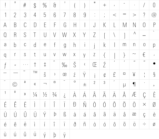 LTUnivers 220 CondThin  glyph index