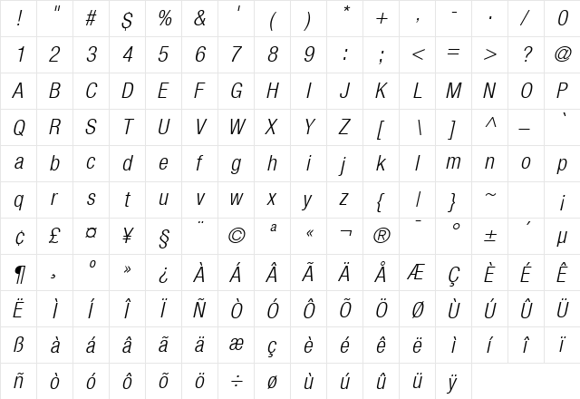 HeaveneticaCond4 LtOblSH  glyph index