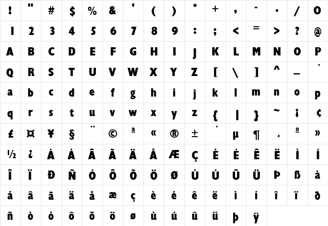 GarrisonSans-ExtraBoldCond Regular  glyph index