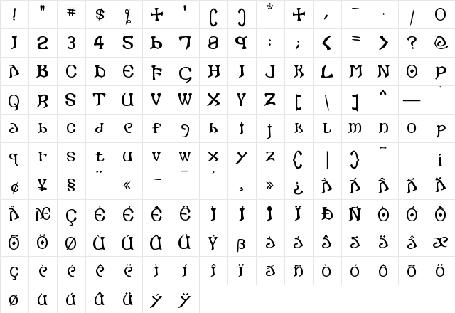 i crashed into gothic Regular  glyph index