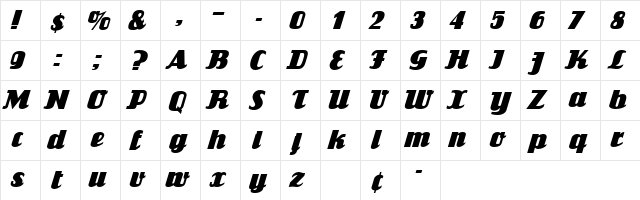 FlandersRide Italic  glyph index