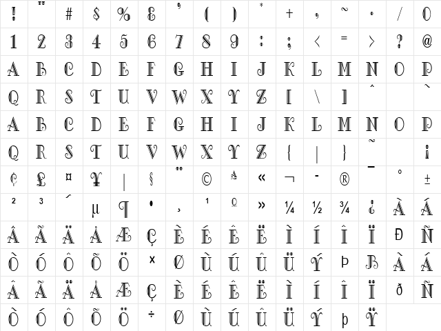 GalleryCondensed Normal  glyph index