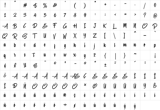 Hiluck Regular  glyph index