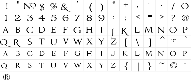 LHF Romana Classico Regular  glyph index