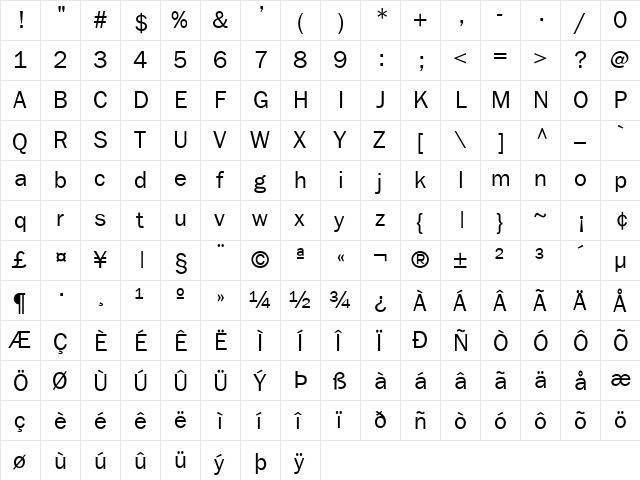 FrankfurtGothic Regular  glyph index