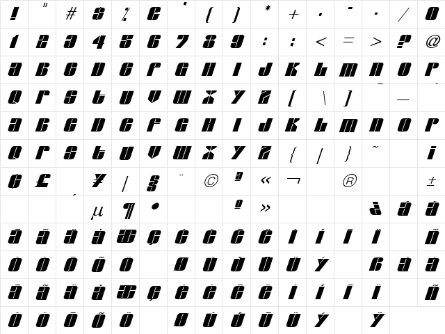 Camera's Eye 3 Italic  glyph index