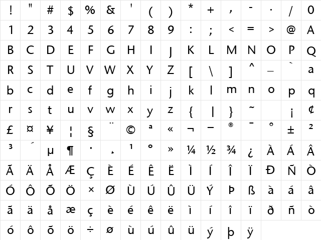 Stone Sans ITC TT Medium  glyph index