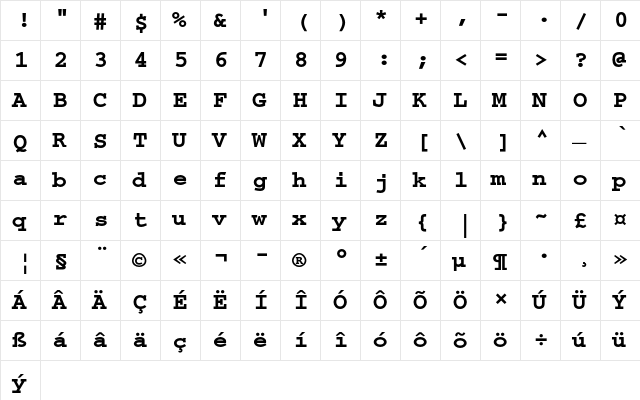 Courier CE Bold  glyph index