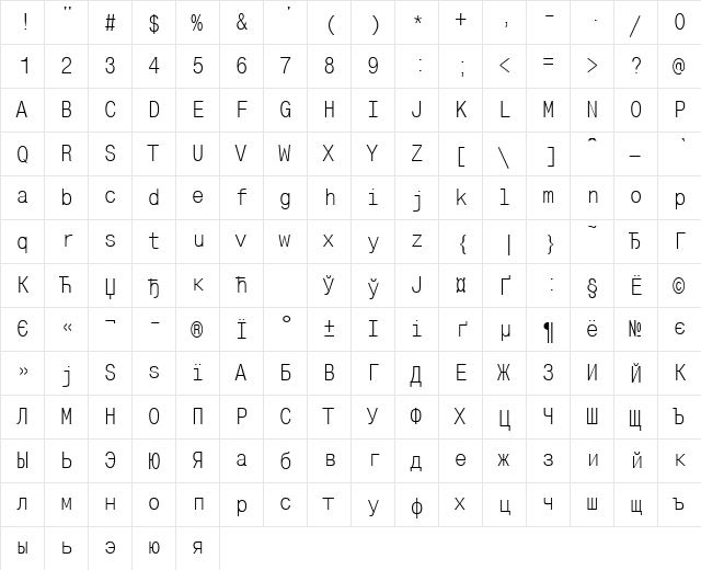 MonoCondensedCTT Regular  glyph index