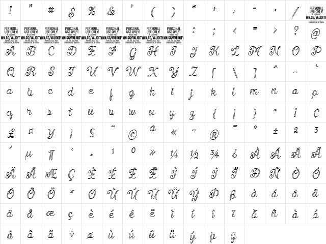 Validity Script PERSONAL USE Italic  glyph index
