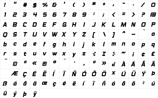 Voice Activated BB Bold Italic  glyph index
